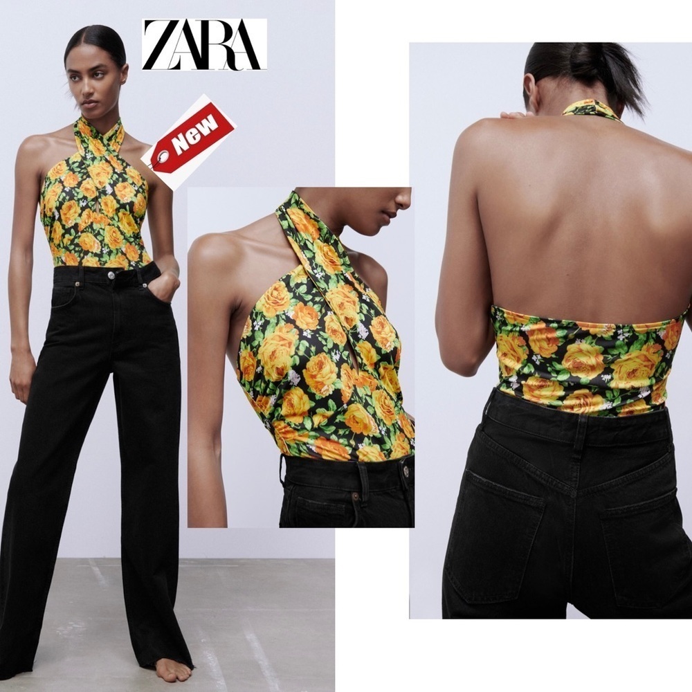 Zara black yellow rose floral flower halter CROSS NECK BODYSUIT Sz S NWT